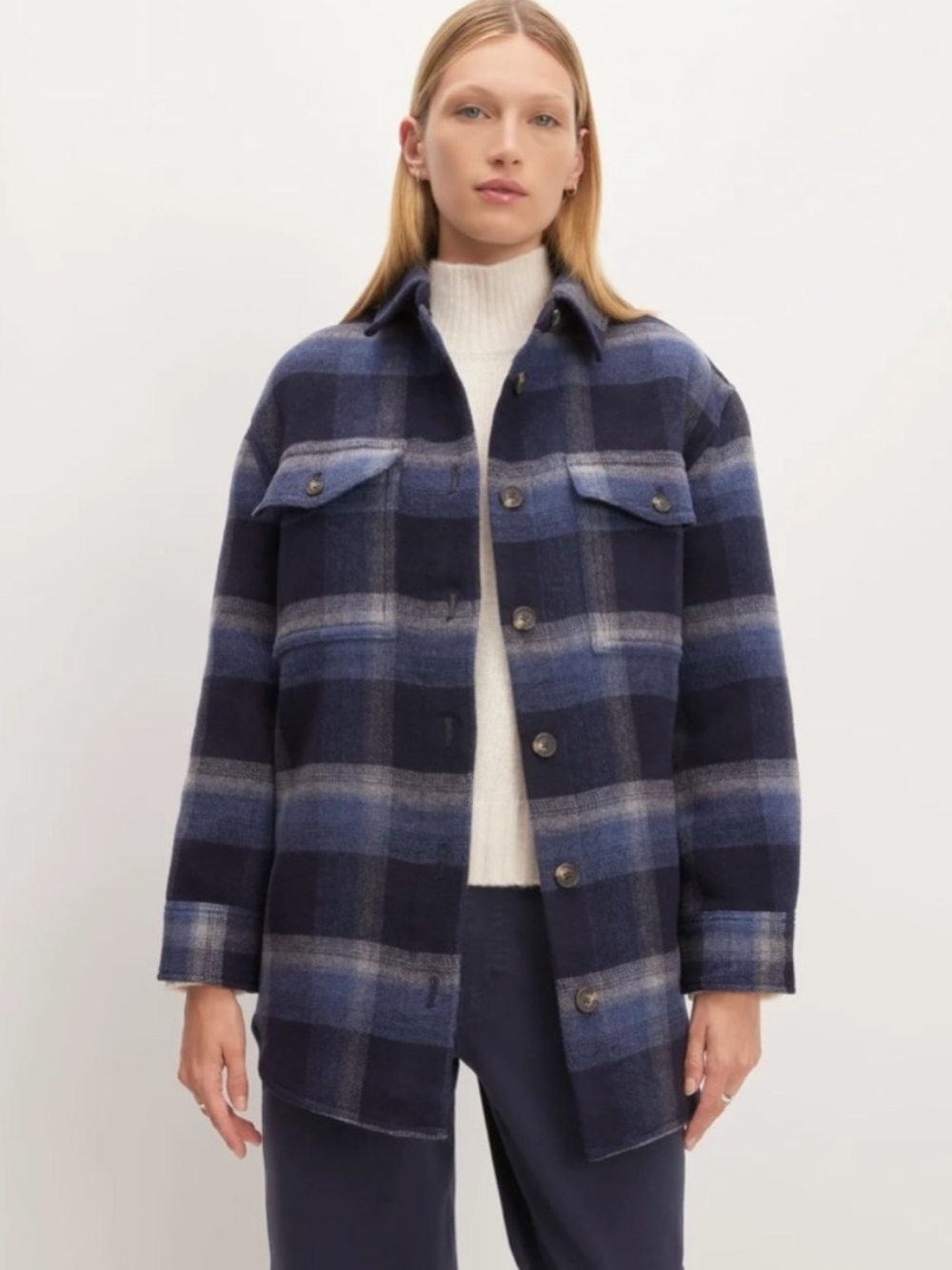 Everlane The Italian ReWool Oversized Shirt Jacket Blue Plaid Recycled Wool SZ S